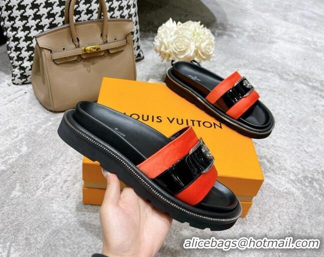 Good Quality Louis Vuitton Pool Pillow Comfort Satin Slide Sandals with LV Circle Buckle Orange 052369