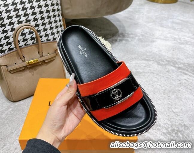 Good Quality Louis Vuitton Pool Pillow Comfort Satin Slide Sandals with LV Circle Buckle Orange 052369