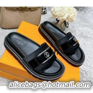 Purchase Louis Vuitton Pool Pillow Comfort Satin Slide Sandals with LV Circle Buckle Black 052370