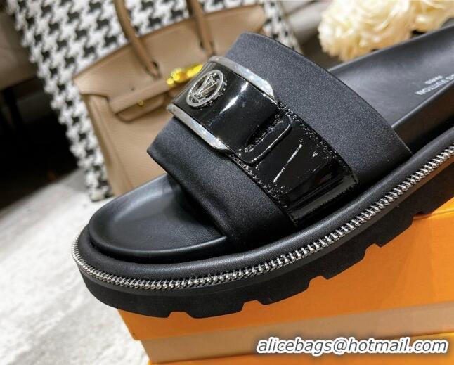 Purchase Louis Vuitton Pool Pillow Comfort Satin Slide Sandals with LV Circle Buckle Black 052370