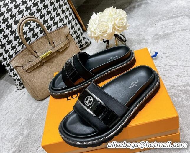 Purchase Louis Vuitton Pool Pillow Comfort Satin Slide Sandals with LV Circle Buckle Black 052370