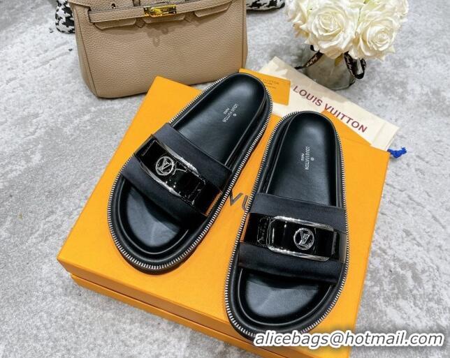 Purchase Louis Vuitton Pool Pillow Comfort Satin Slide Sandals with LV Circle Buckle Black 052370