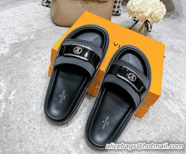 Purchase Louis Vuitton Pool Pillow Comfort Satin Slide Sandals with LV Circle Buckle Black 052370