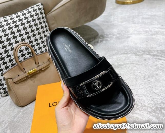 Purchase Louis Vuitton Pool Pillow Comfort Satin Slide Sandals with LV Circle Buckle Black 052370