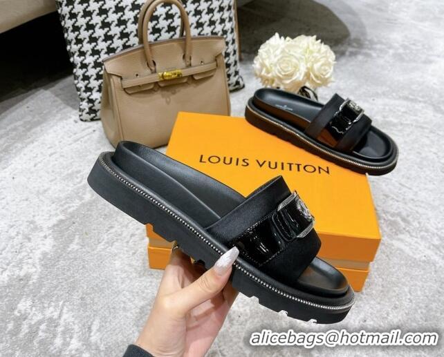 Purchase Louis Vuitton Pool Pillow Comfort Satin Slide Sandals with LV Circle Buckle Black 052370