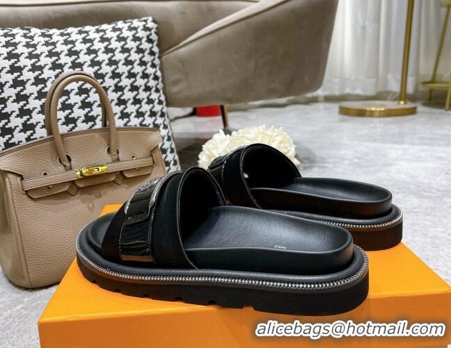 Purchase Louis Vuitton Pool Pillow Comfort Satin Slide Sandals with LV Circle Buckle Black 052370