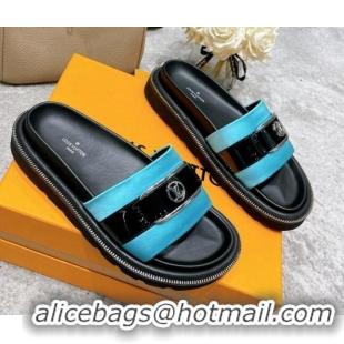 Grade Quality Louis Vuitton Pool Pillow Comfort Satin Slide Sandals with LV Circle Buckle Blue 052371