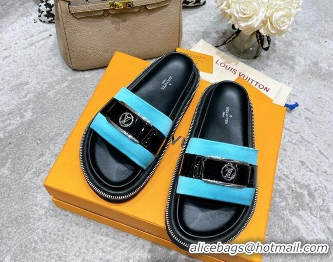 Grade Quality Louis Vuitton Pool Pillow Comfort Satin Slide Sandals with LV Circle Buckle Blue 052371