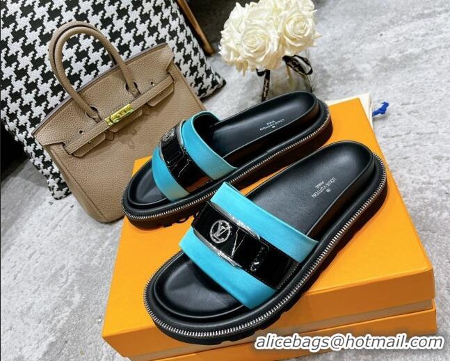 Grade Quality Louis Vuitton Pool Pillow Comfort Satin Slide Sandals with LV Circle Buckle Blue 052371