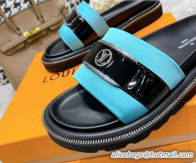 Grade Quality Louis Vuitton Pool Pillow Comfort Satin Slide Sandals with LV Circle Buckle Blue 052371