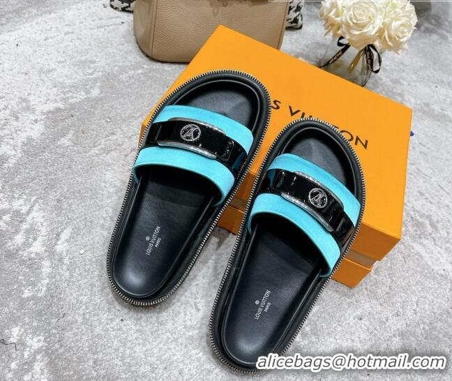 Grade Quality Louis Vuitton Pool Pillow Comfort Satin Slide Sandals with LV Circle Buckle Blue 052371