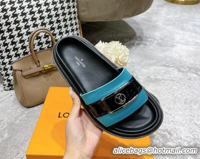 Grade Quality Louis Vuitton Pool Pillow Comfort Satin Slide Sandals with LV Circle Buckle Blue 052371