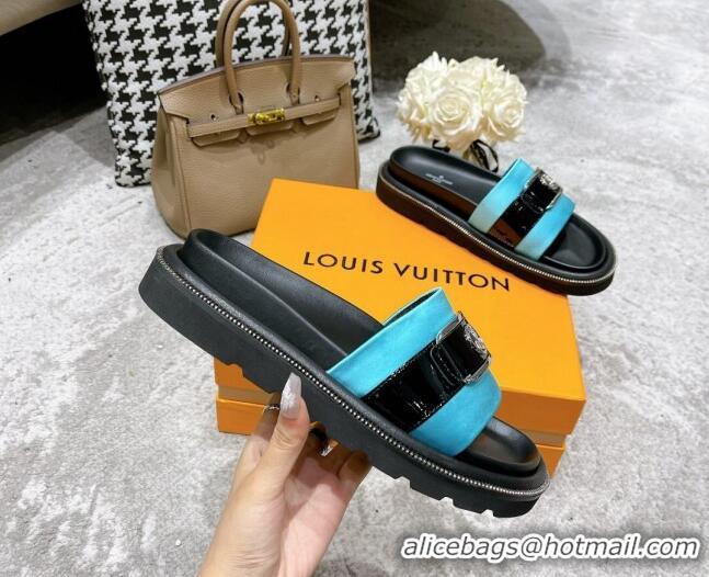 Grade Quality Louis Vuitton Pool Pillow Comfort Satin Slide Sandals with LV Circle Buckle Blue 052371