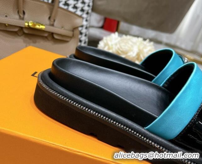 Grade Quality Louis Vuitton Pool Pillow Comfort Satin Slide Sandals with LV Circle Buckle Blue 052371