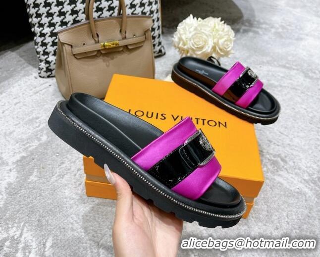 Luxury Louis Vuitton Pool Pillow Comfort Satin Slide Sandals with LV Circle Buckle Dark Pink 052372