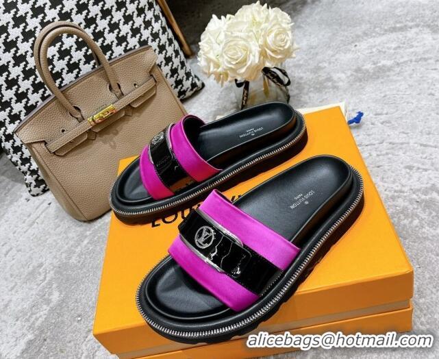 Luxury Louis Vuitton Pool Pillow Comfort Satin Slide Sandals with LV Circle Buckle Dark Pink 052372