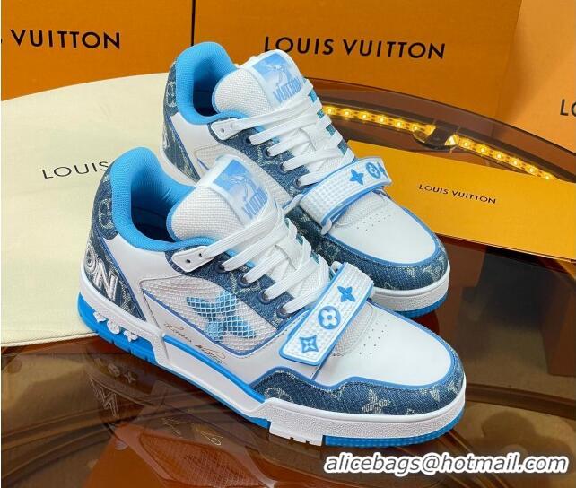 Charming Louis Vuitton LV Trainer Sneakers with Velcro Strap White/Blue 052378