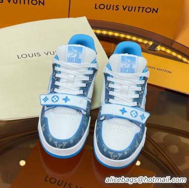 Charming Louis Vuitton LV Trainer Sneakers with Velcro Strap White/Blue 052378