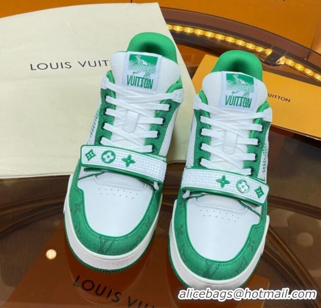 Low Price Louis Vuitton LV Trainer Sneakers with Velcro Strap White/Green 052381