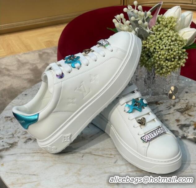 Grade Louis Vuitton Time Out Sneakers with Metallic Leather Back White/Blue 061701