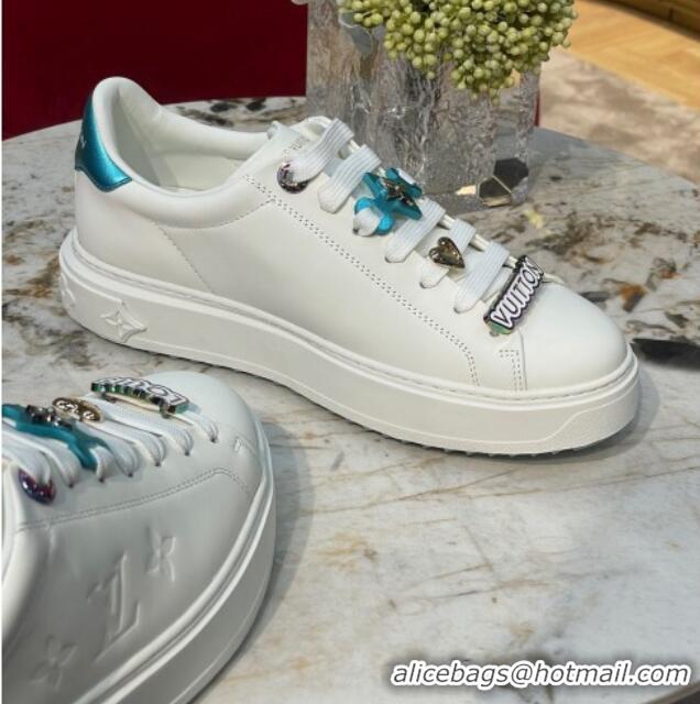 Grade Louis Vuitton Time Out Sneakers with Metallic Leather Back White/Blue 061701