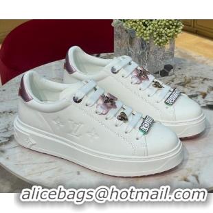 Luxurious Louis Vuitton Time Out Sneakers with Metallic Leather Back White/Pink 061702