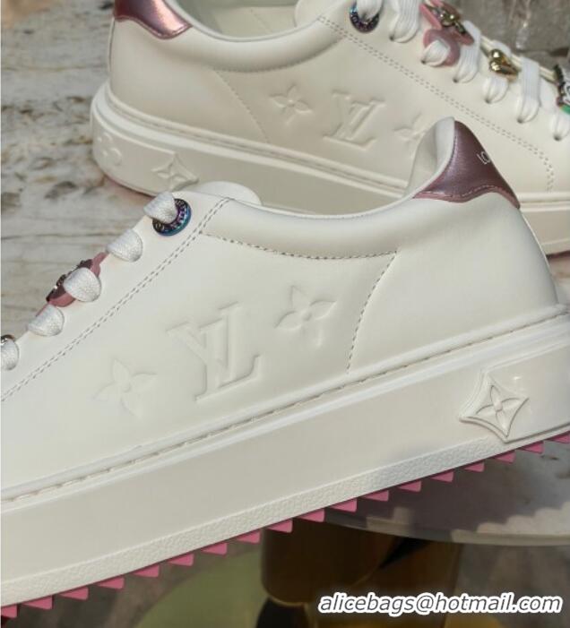 Luxurious Louis Vuitton Time Out Sneakers with Metallic Leather Back White/Pink 061702