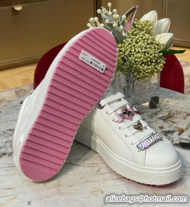 Luxurious Louis Vuitton Time Out Sneakers with Metallic Leather Back White/Pink 061702