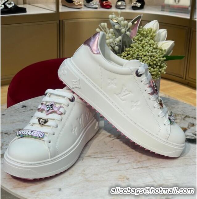 Luxurious Louis Vuitton Time Out Sneakers with Metallic Leather Back White/Pink 061702