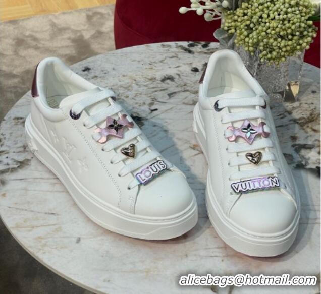 Luxurious Louis Vuitton Time Out Sneakers with Metallic Leather Back White/Pink 061702