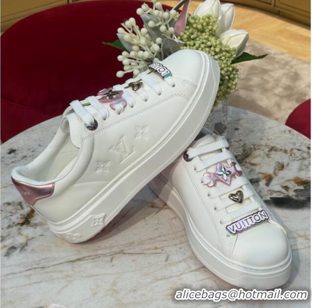 Luxurious Louis Vuitton Time Out Sneakers with Metallic Leather Back White/Pink 061702