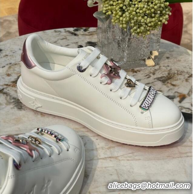 Luxurious Louis Vuitton Time Out Sneakers with Metallic Leather Back White/Pink 061702