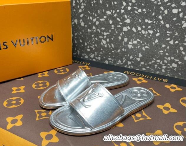 Duplicate Louis Vuitton Magnetic Flat Slide Sandals with LV Signature Silver 061705