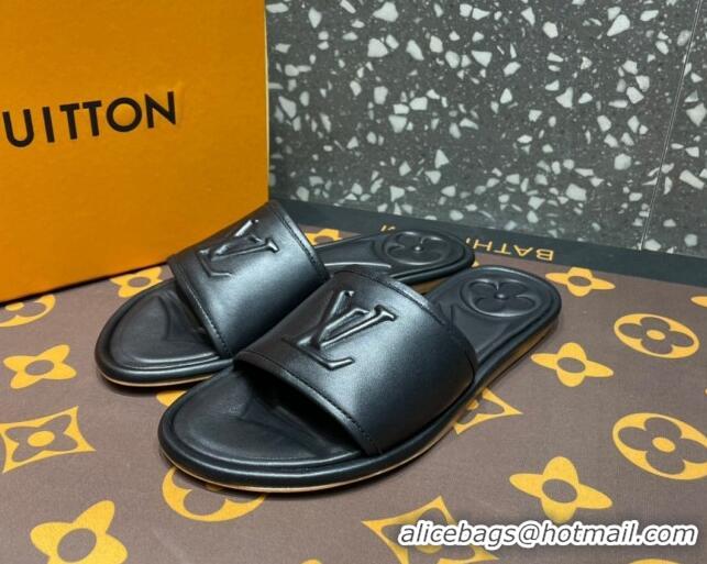 Discount Louis Vuitton Magnetic Flat Slide Sandals with LV Signature Black 061707