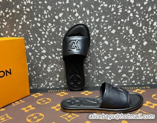 Discount Louis Vuitton Magnetic Flat Slide Sandals with LV Signature Black 061707