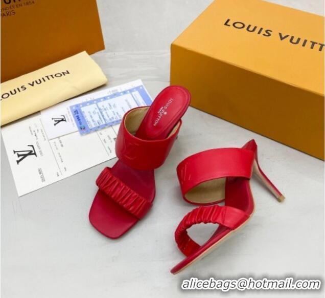 Best Grade Louis Vuitton Drapy High Heel Slide Sandals with Ruching Red 062023