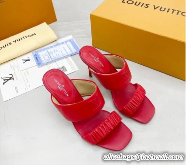 Best Grade Louis Vuitton Drapy High Heel Slide Sandals with Ruching Red 062023