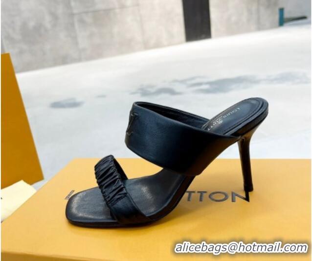 Crafted Louis Vuitton Drapy High Heel Slide Sandals with Ruching Black 062024