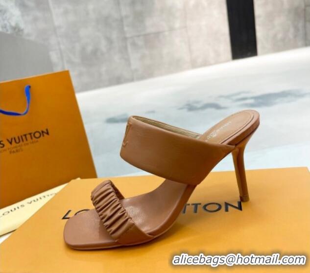 Low Price Louis Vuitton Drapy High Heel Slide Sandals with Ruching Brown 062025