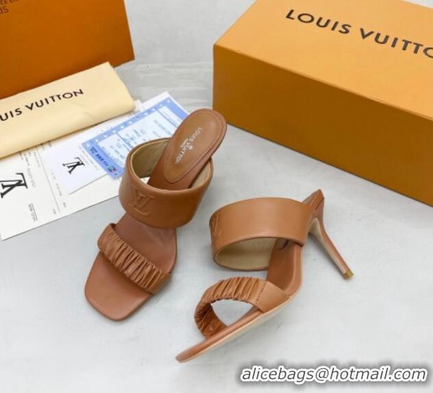 Low Price Louis Vuitton Drapy High Heel Slide Sandals with Ruching Brown 062025