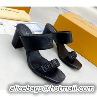 Trendy Design Louis Vuitton Drapy Block Heel Slide Sandals with Ruching 6.5cm Black 062027