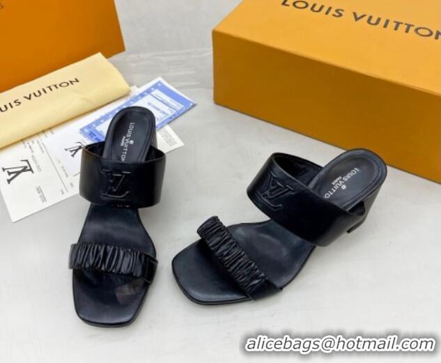 Trendy Design Louis Vuitton Drapy Block Heel Slide Sandals with Ruching 6.5cm Black 062027