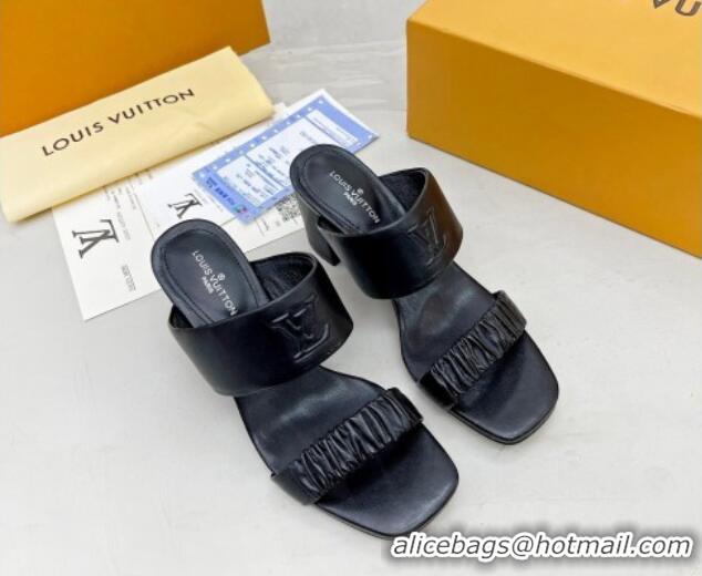 Trendy Design Louis Vuitton Drapy Block Heel Slide Sandals with Ruching 6.5cm Black 062027