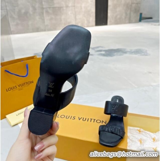 Trendy Design Louis Vuitton Drapy Block Heel Slide Sandals with Ruching 6.5cm Black 062027