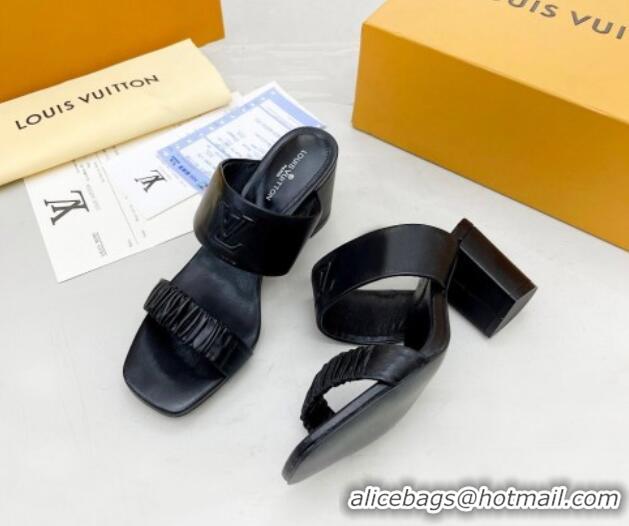 Trendy Design Louis Vuitton Drapy Block Heel Slide Sandals with Ruching 6.5cm Black 062027