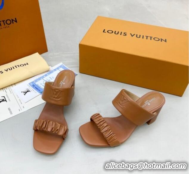 Best Quality Louis Vuitton Drapy Block Heel Slide Sandals with Ruching 6.5cm Brown 062028