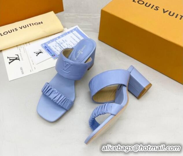 Super Quality Louis Vuitton Drapy Block Heel Slide Sandals with Ruching 6.5cm Blue 062029