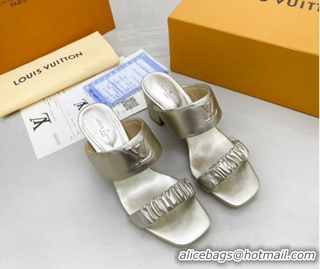 Good Quality Louis Vuitton Drapy Block Heel Slide Sandals with Ruching 6.5cm Gold 062032