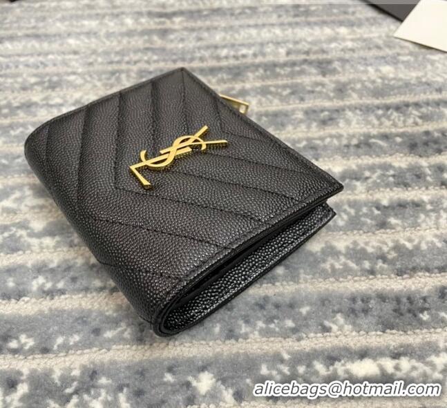 Promotional Saint Laurent Fold Wallet in Grained Leather 517045 Black/Gold 2022