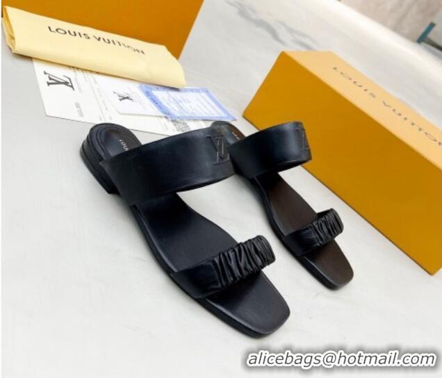 Low Cost Louis Vuitton Drapy Flat Slide Sandals with Ruching Black 062033